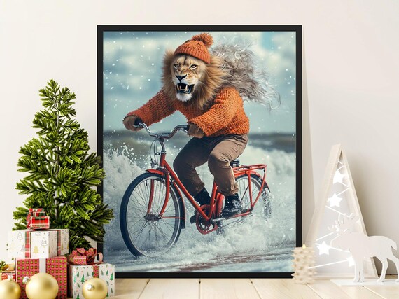 Lion Riding Red Bicycle Funny Winter Sweater Animal Wall Art Poster