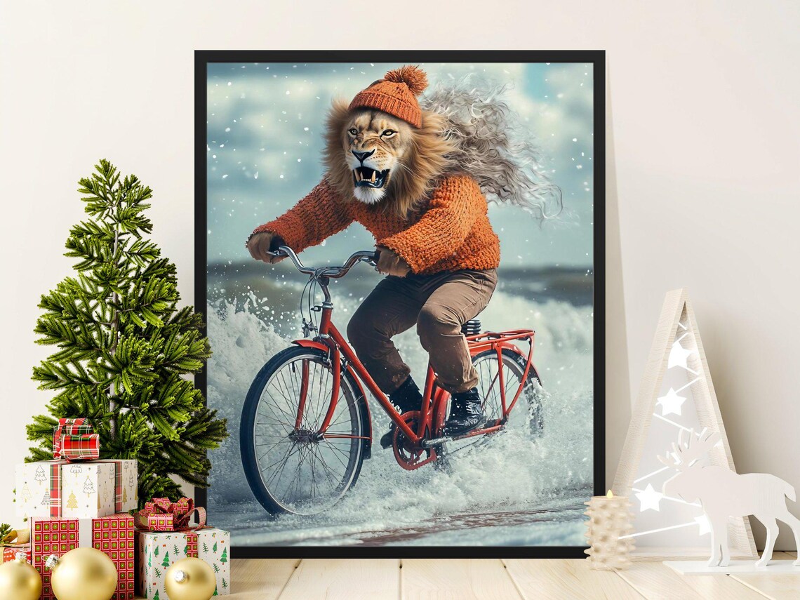 Lion Riding Red Bicycle Funny Winter Sweater Animal Wall Art Poster
