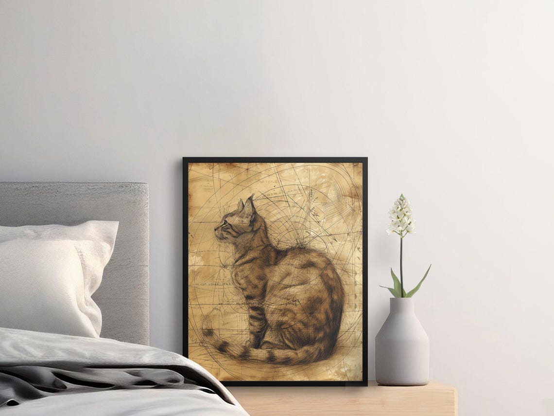 Tabby Cat Sketch on Aged Parchment With Geometry Lines Art Print - Image 2