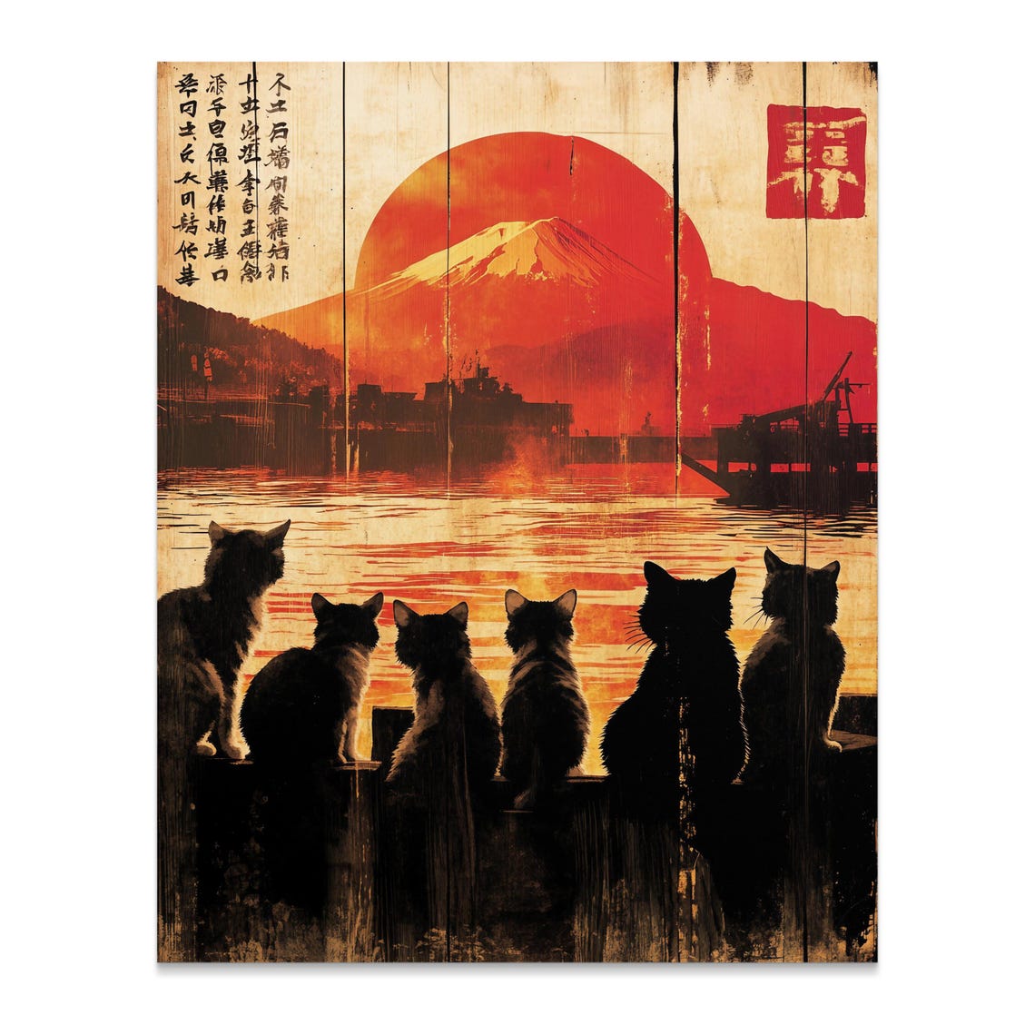 Cat Silhouettes Sunset Mount Fuji Vintage Japanese Zen Art Poster - Image 2
