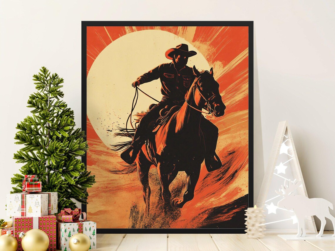 Cowboy On Rearing Horse Sunburst Silhouette Bold Retro Western Poster