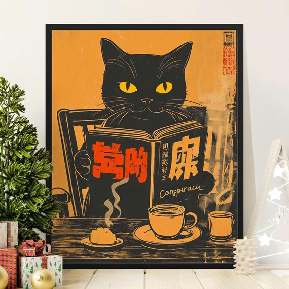 Black Cat Reading Conspiracy Book With Tea Orange Vintage Art Poster