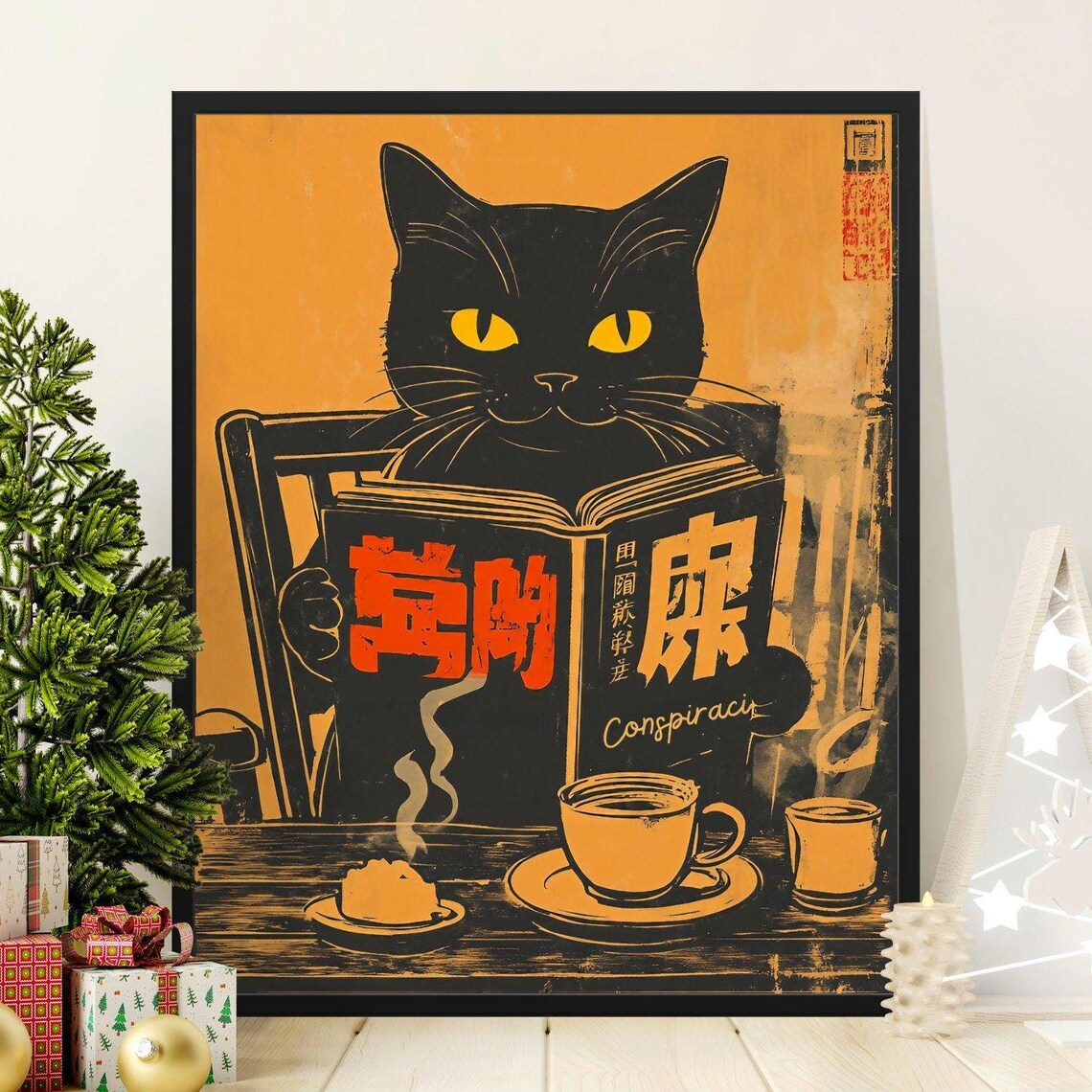 Black Cat Reading Conspiracy Book With Tea Orange Vintage Art Poster