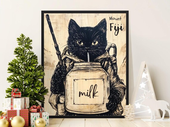 Black Cat Hiker Drinking Milk Mount Fiji Japanese Style Wall Art Poster