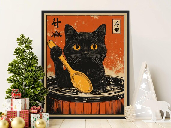 Black Cat In Wooden Barrel Holding Spoon Vintage Japanese Style Cat Poster