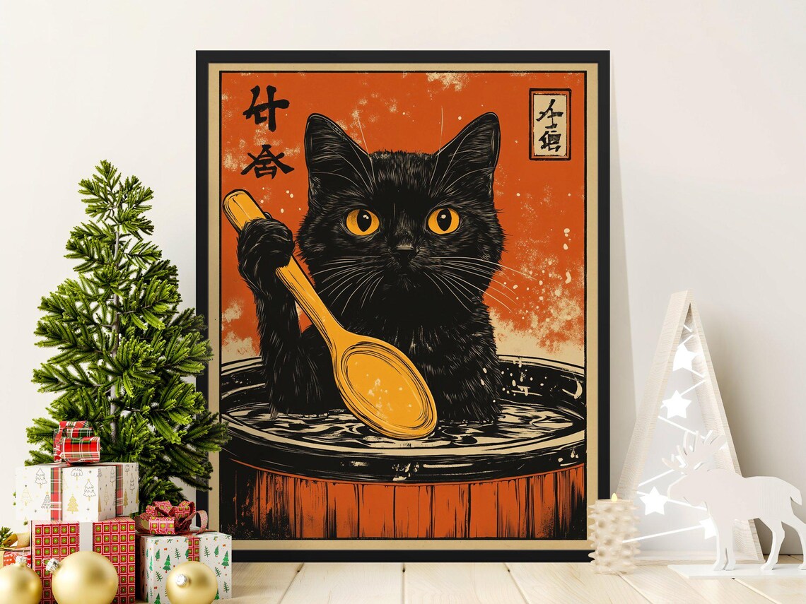 Black Cat In Wooden Barrel Holding Spoon Vintage Japanese Style Cat Poster