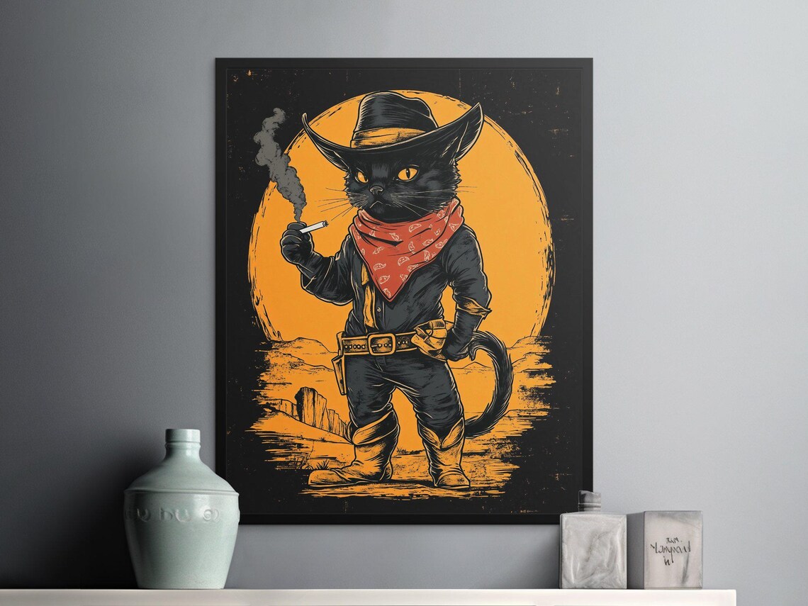 Black Cat Cowboy Gunslinger Cigarette Sunset Desert Wild West Art Poster - Image 2