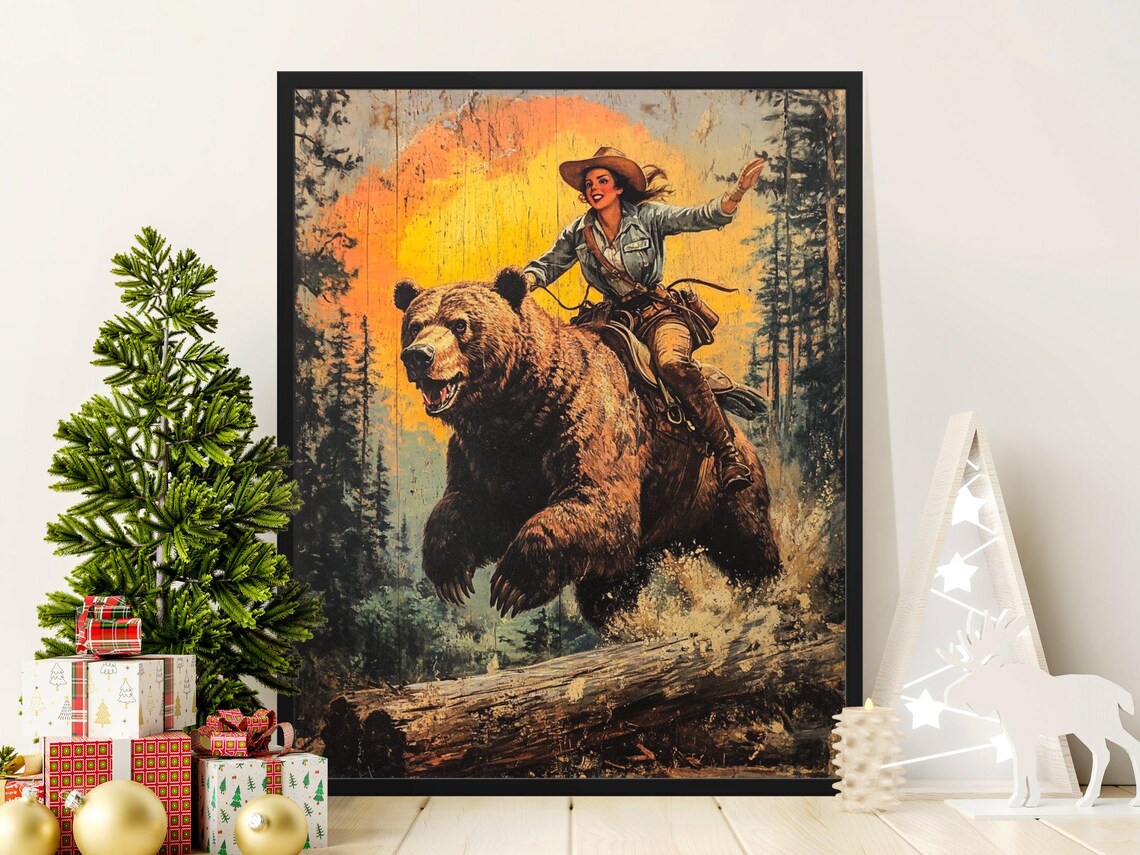 Vintage Cowgirl Riding Bear Western Art Print