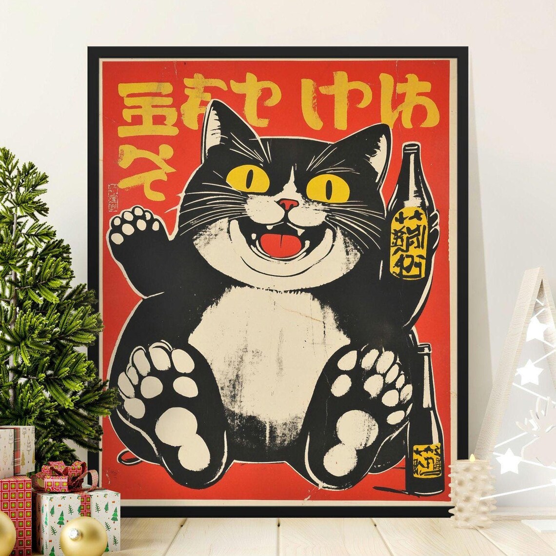 Japanese Lucky Cat Waving Paw Red Retro Sake Bottle Art Poster