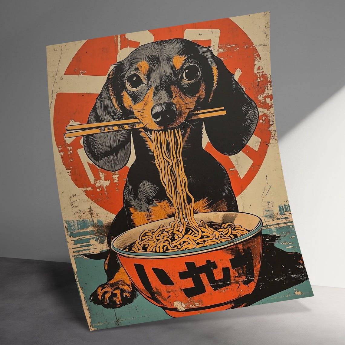 Dachshund Eating Ramen Japanese Retro Style Funny Dog Wall Art - Image 3