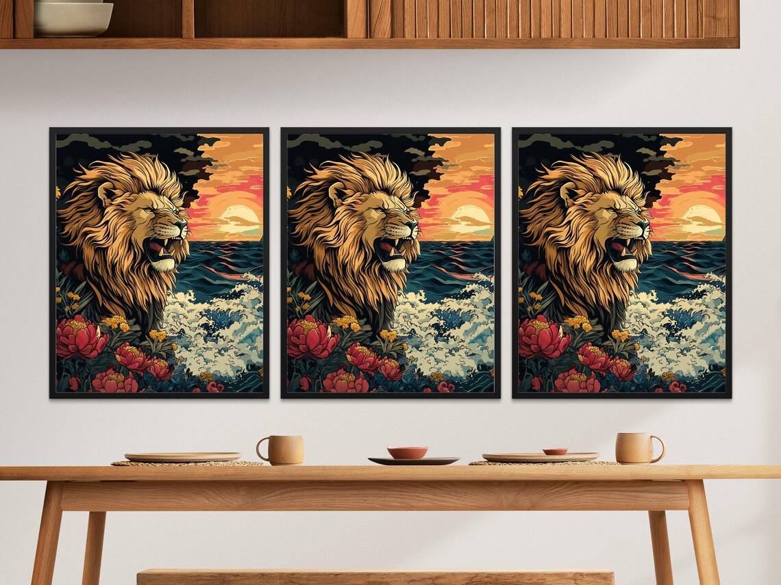 Roaring Lion Sunset Ocean Waves Floral Dramatic Wildlife Wall Art Poster - Image 3
