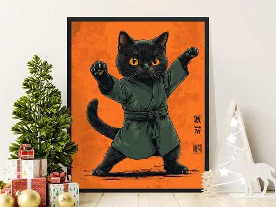 Black Kitten Karate Martial Arts Pose Orange Retro Japanese Cat Poster