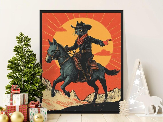 Cowboy Black Cat Riding Horse Sunset Retro Western Funny Cat Poster