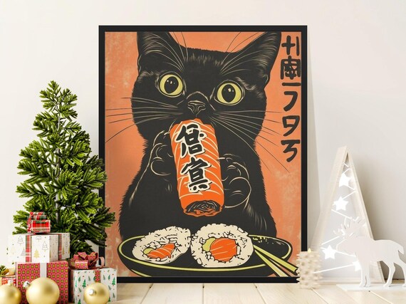 Black Cat Eating Salmon Nigiri Sushi Japanese Food Art Poster