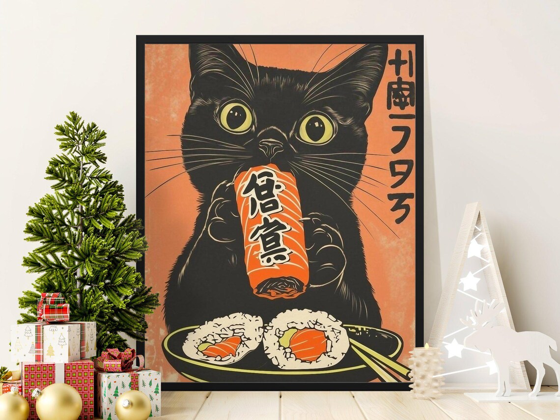 Black Cat Eating Salmon Nigiri Sushi Japanese Food Art Poster