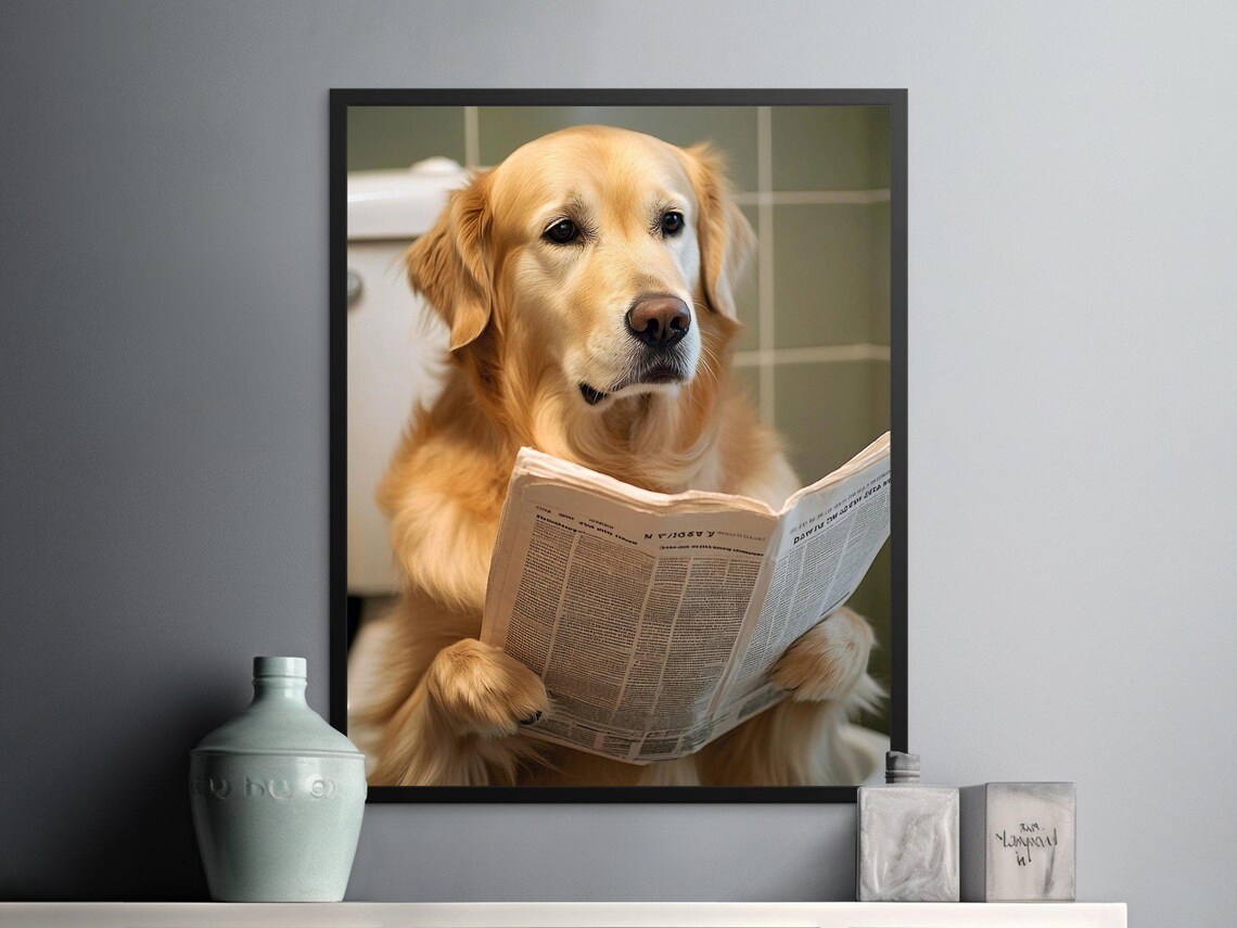 Adorable Golden Retriever Reading Newspaper On Toilet Poster Cute Dog Bathroom Art Print Funny Dog Poster For Pet Lovers Decor Dog Decor - Image 2