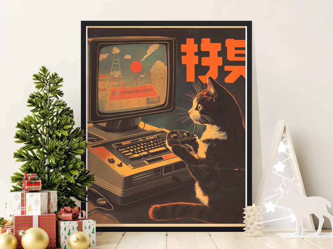 Tuxedo Cat Gaming Retro CRT Computer Vintage Japanese Style Poster