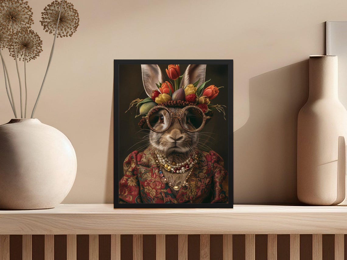Rabbit With Ornate Glasses and Tulip Headdress Boho Style Poster - Image 2