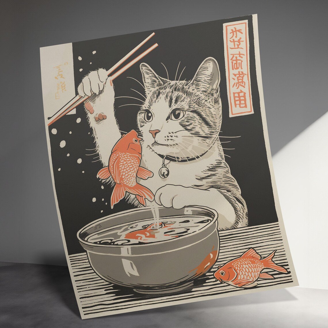 Cute Cat Fishing Goldfish With Chopsticks Japanese Style Kitchen Art Poster - Image 3