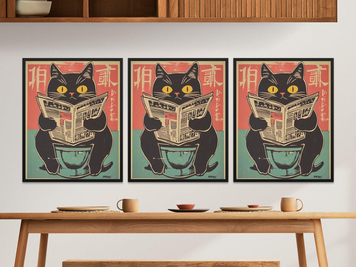 Cheeky Black Cat Reading Newspaper On Toilet Funny Bathroom Poster - Image 2