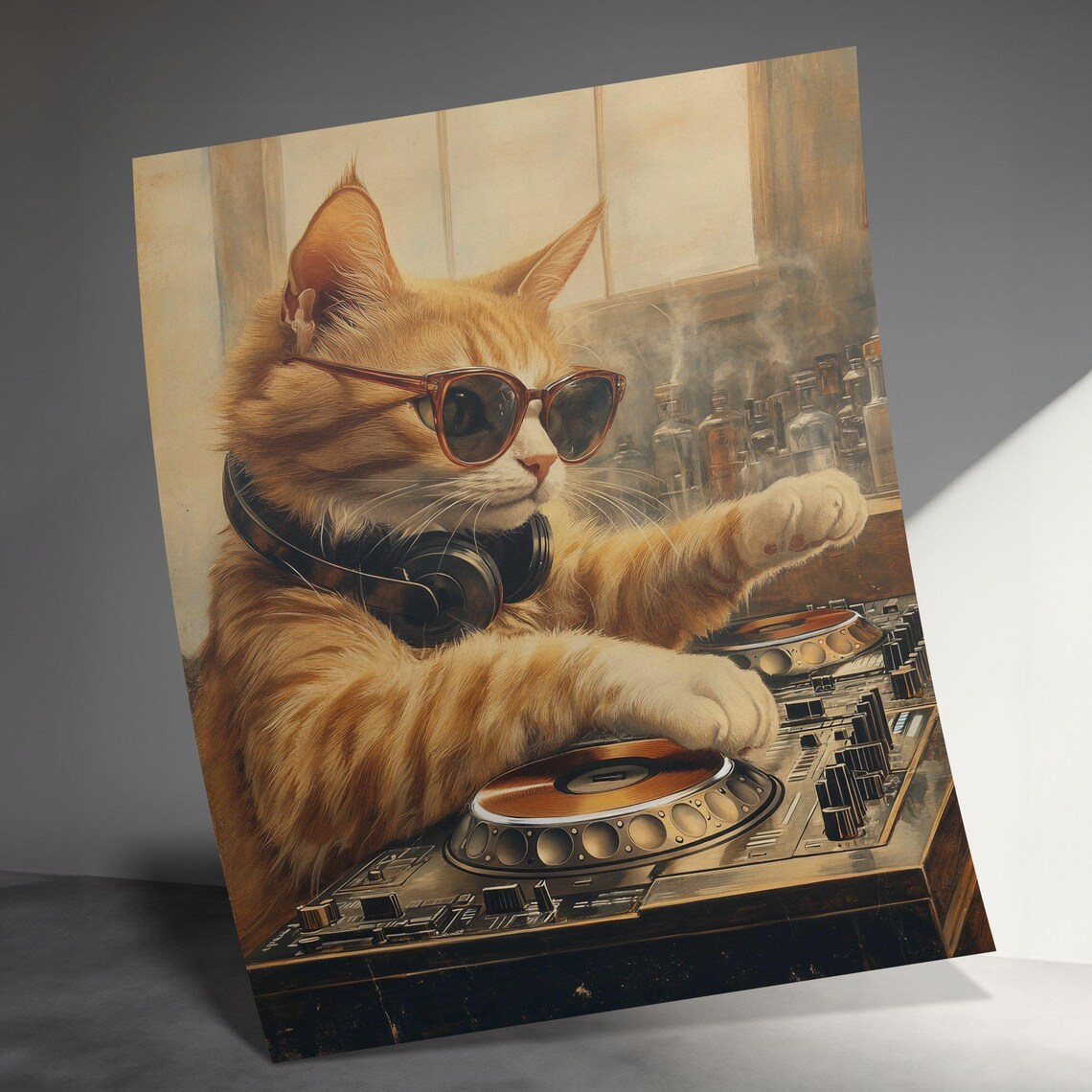 Orange Tabby Cat DJ Wearing Sunglasses Mixing Music Vintage Style Poster - Image 3