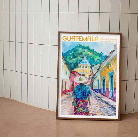Guatemala Watercolor Travel Poster World Art Middle America Wall Town Decor Gift For Traveler