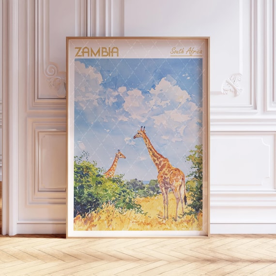 Zambia Safari Giraffes Watercolor Southern Africa Travel Poster
