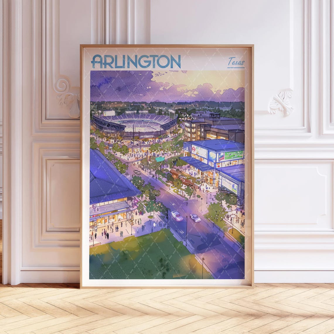 Arlington Texas Watercolor Stadium District Evening Travel Poster