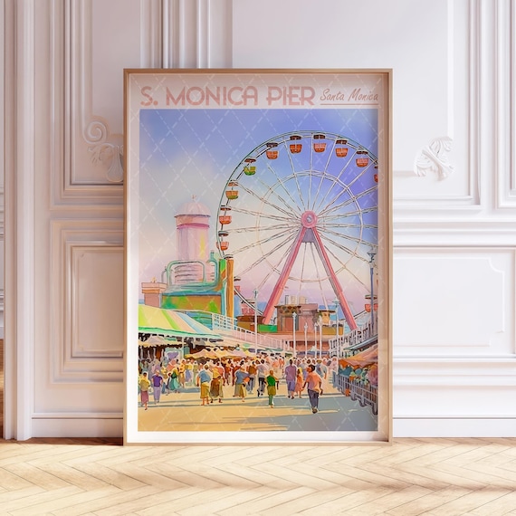 Santa Monica Pier Ferris Wheel Boardwalk Watercolor Travel Poster