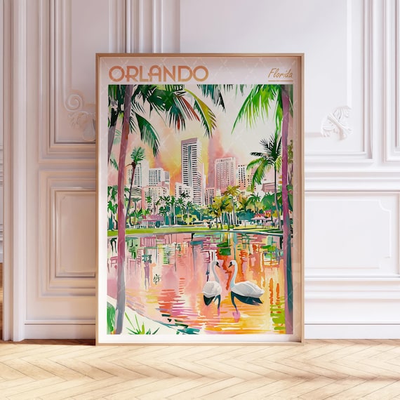 Orlando Florida Lake Swans And Palm Trees Watercolor Travel Poster