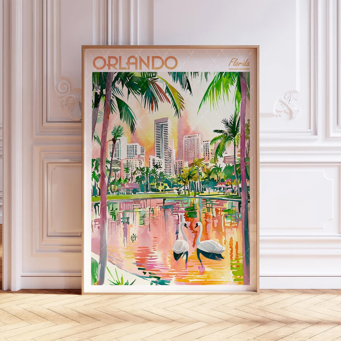 Orlando Florida Lake Swans And Palm Trees Watercolor Travel Poster