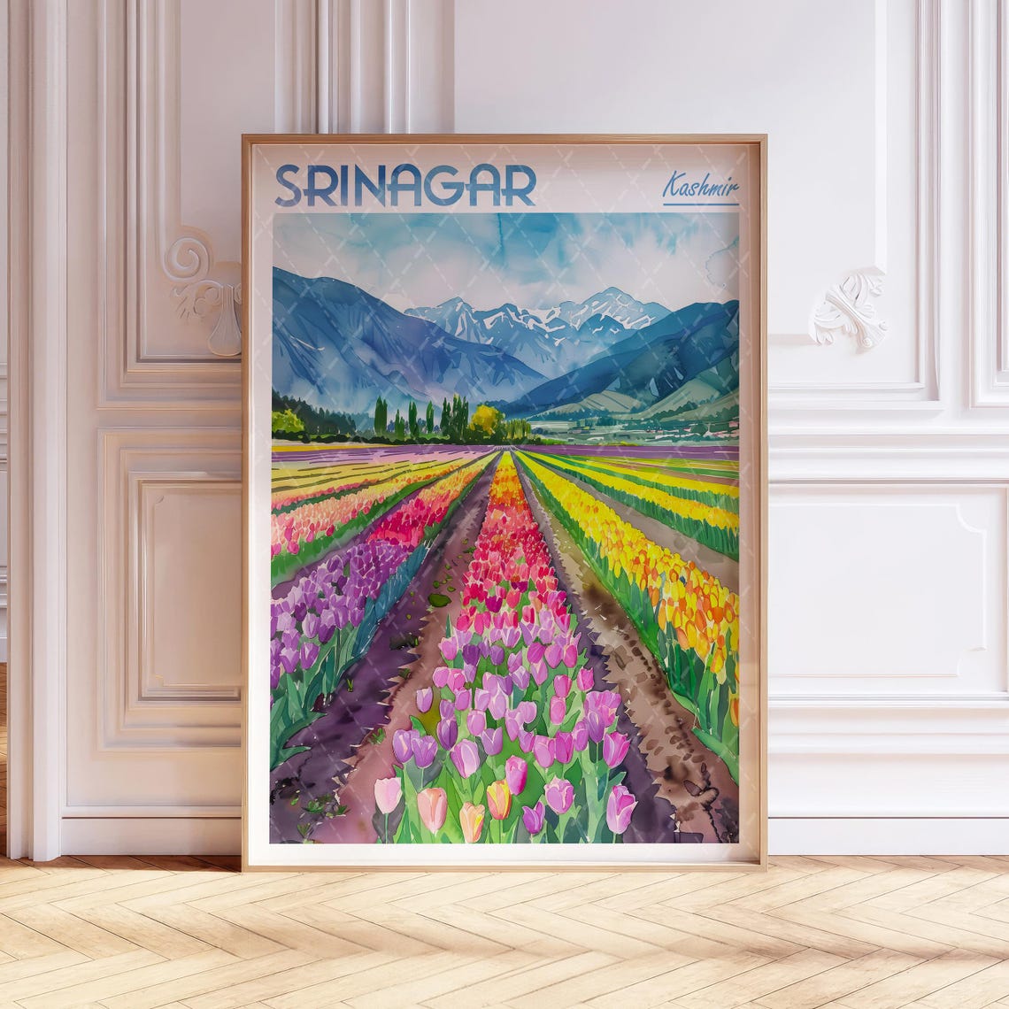 Srinagar Kashmir Travel Poster Tulip Fields Mountain Watercolor Art