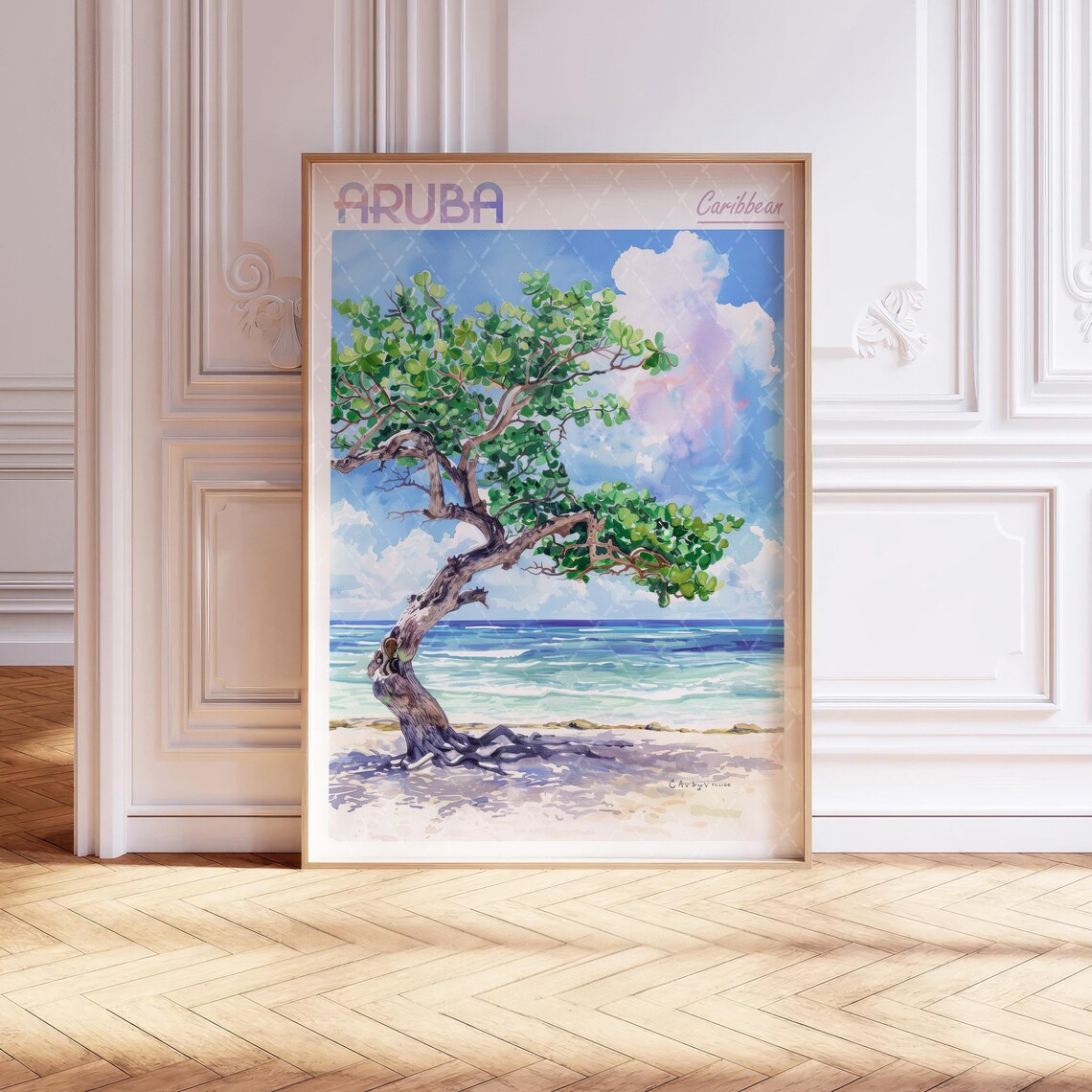 Aruba Caribbean Divi Divi Tree Watercolor Beach Travel Poster Pastel Colors