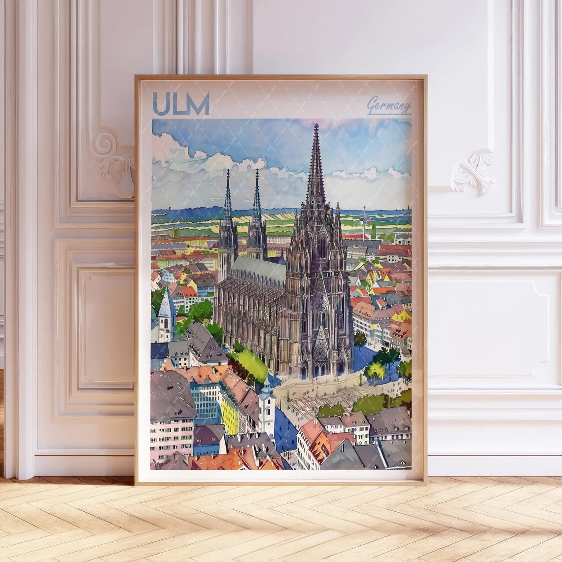 Ulm Germany Watercolor Travel Poster Ulm Minster Cathedral City Art
