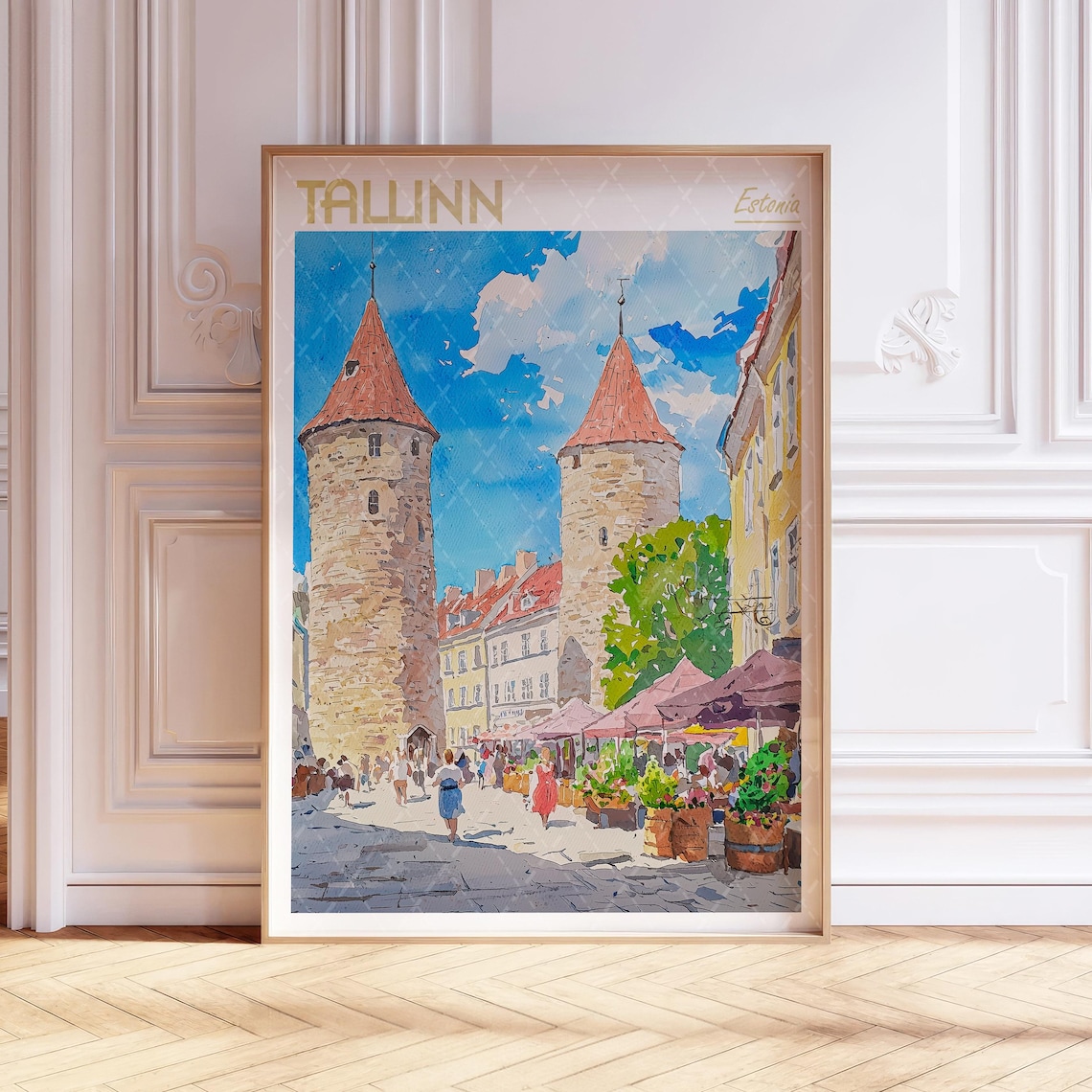 Tallinn Estonia Watercolor Poster Old Town Towers Medieval Art