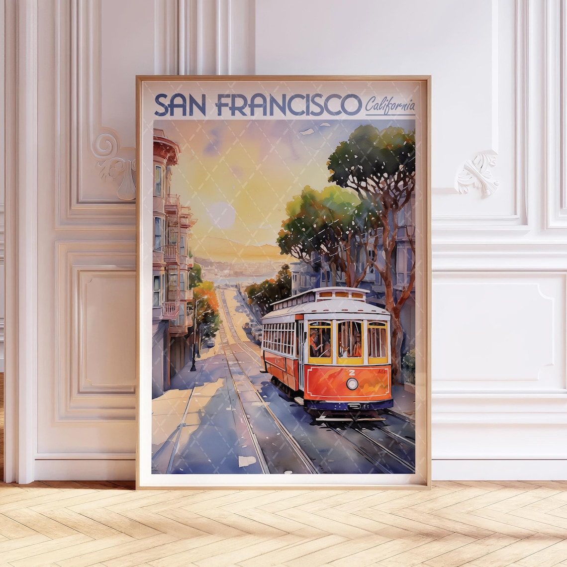 San Francisco Cable Car Sunset Hill Watercolor Travel Art Poster