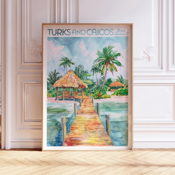 Turks And Caicos Watercolor Wall Art Tropical Island Print Caribbean Travel Poster World Cities Pastel Colors