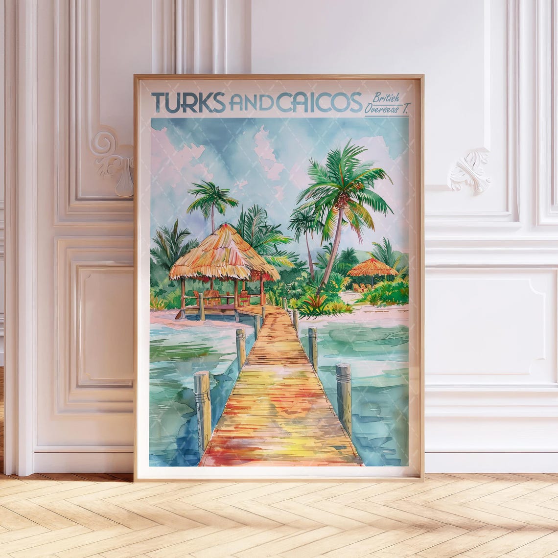 Turks And Caicos Beach Dock Palapa Caribbean Watercolor Travel Poster