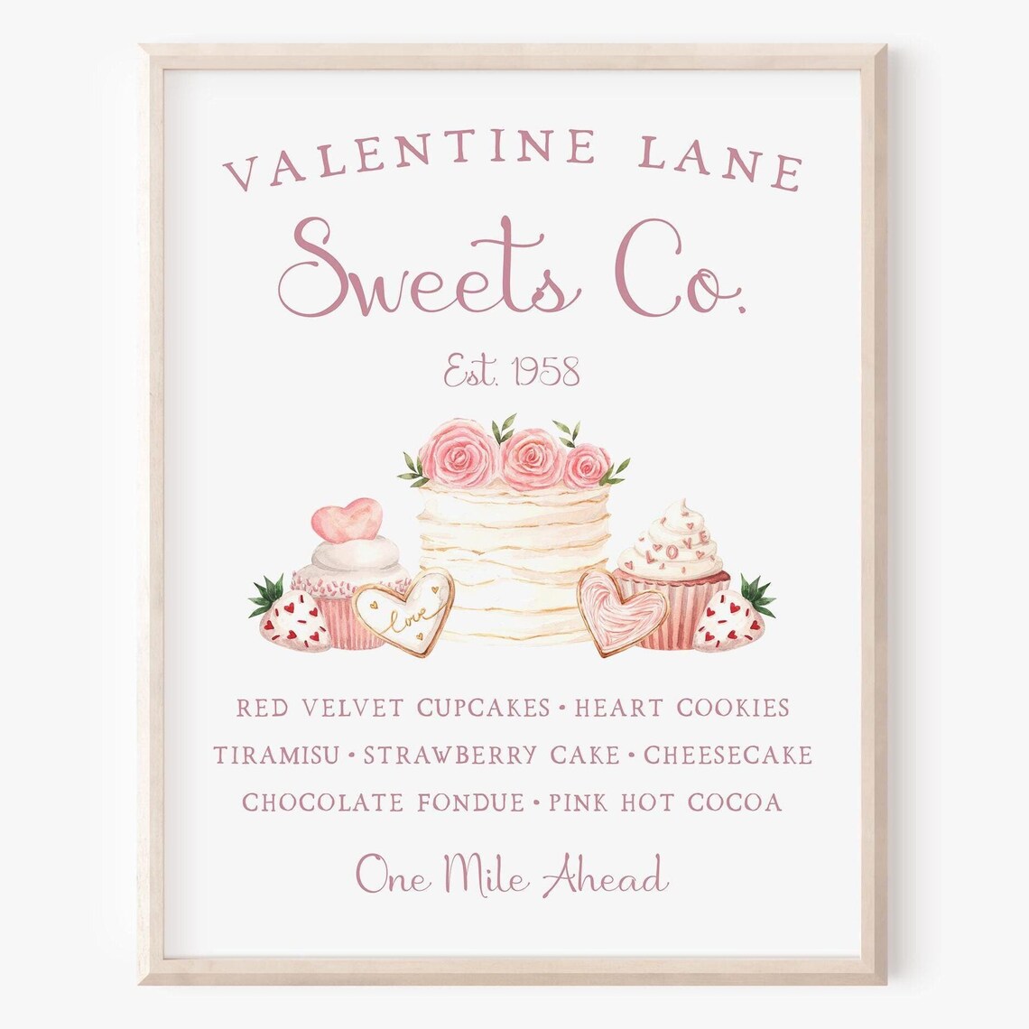 Valentine Sweets Co Bakery Sign Pink Dessert Watercolor Wall Art Print