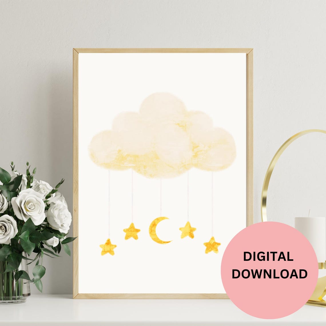 Watercolor Cloud With Gold Stars and Moon Hanging Mobile Art Print - Image 3