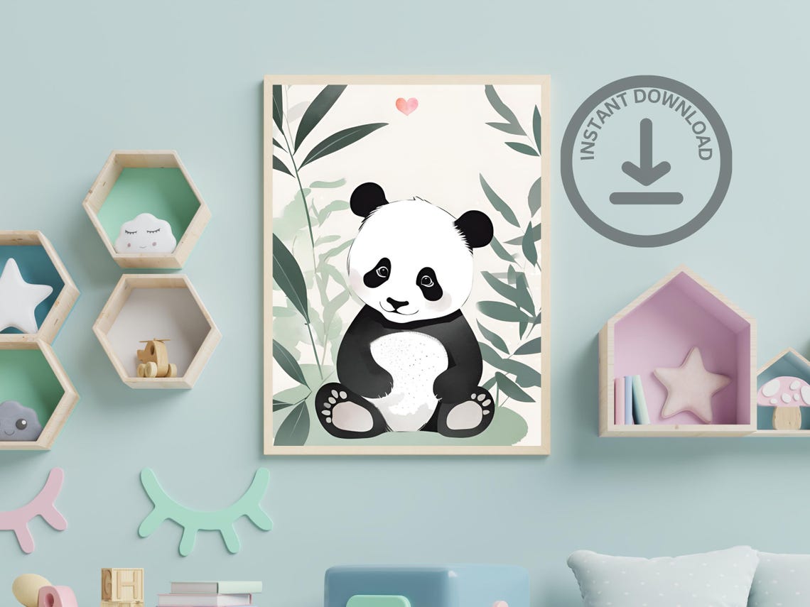 Baby Panda Watercolor Portrait Cute Bamboo Nursery Animal Poster - Image 2