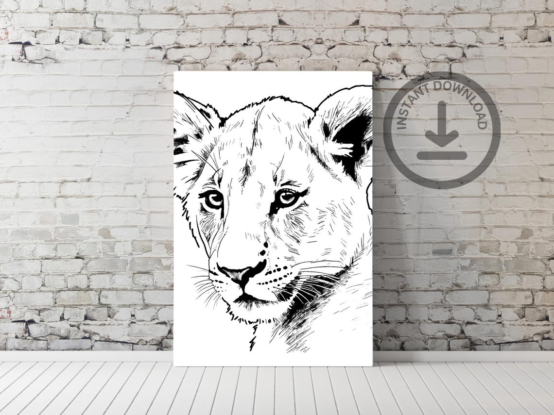 Lion Cub Sketch Black White Line Drawing Modern Wildlife Art Poster - Image 2
