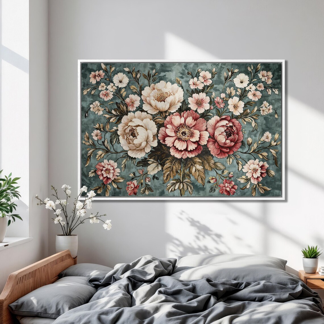 Pink Peony Bouquet on Teal Ground Vintage Floral Painting Poster - Image 2