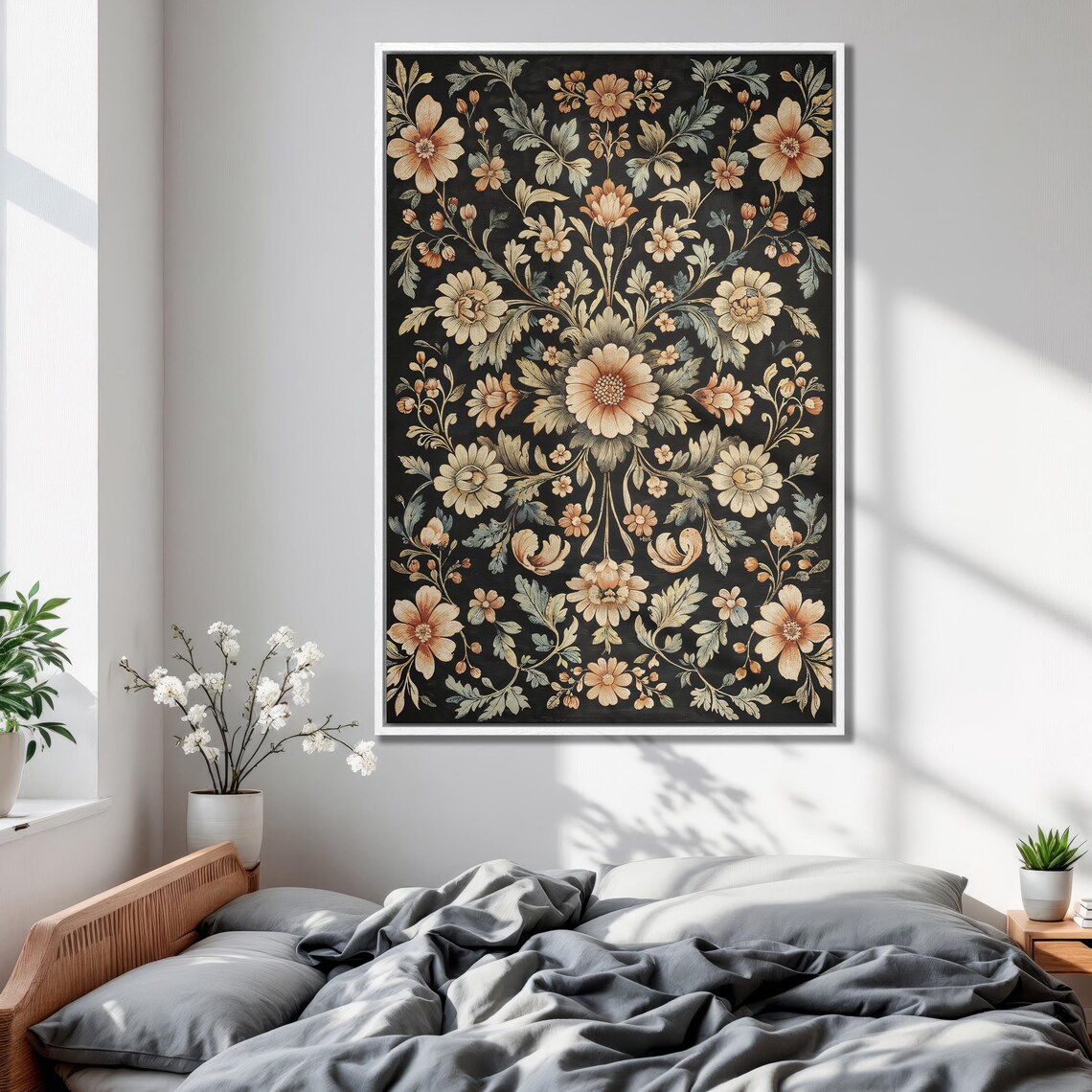 Elegant Vintage Floral Damask Pattern in Cream on Black Print - Image 2