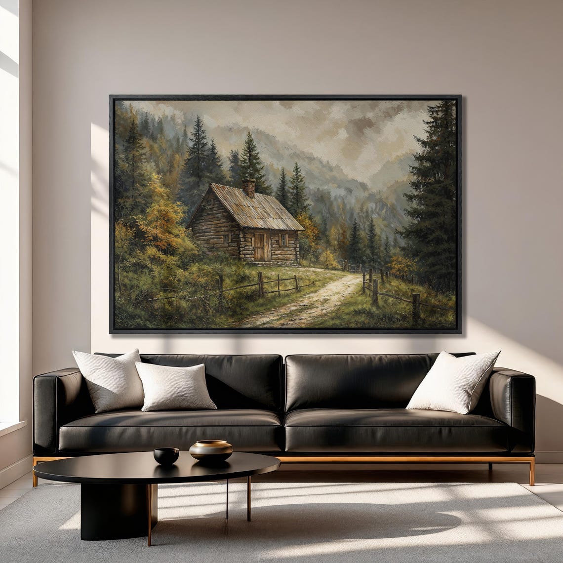 Rustic Log Cabin in Misty Pine Forest Mountain Painting Poster - Image 3