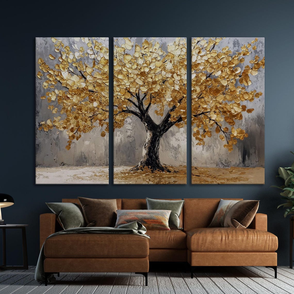 Golden Leaf Tree Textured Impasto Painting On Gray Background Poster - Image 5