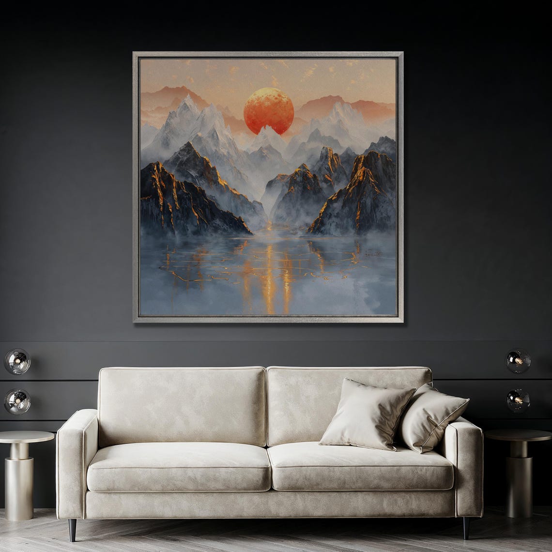 Red Sun Setting Over Misty Mountains and a Lake Landscape Poster - Image 4