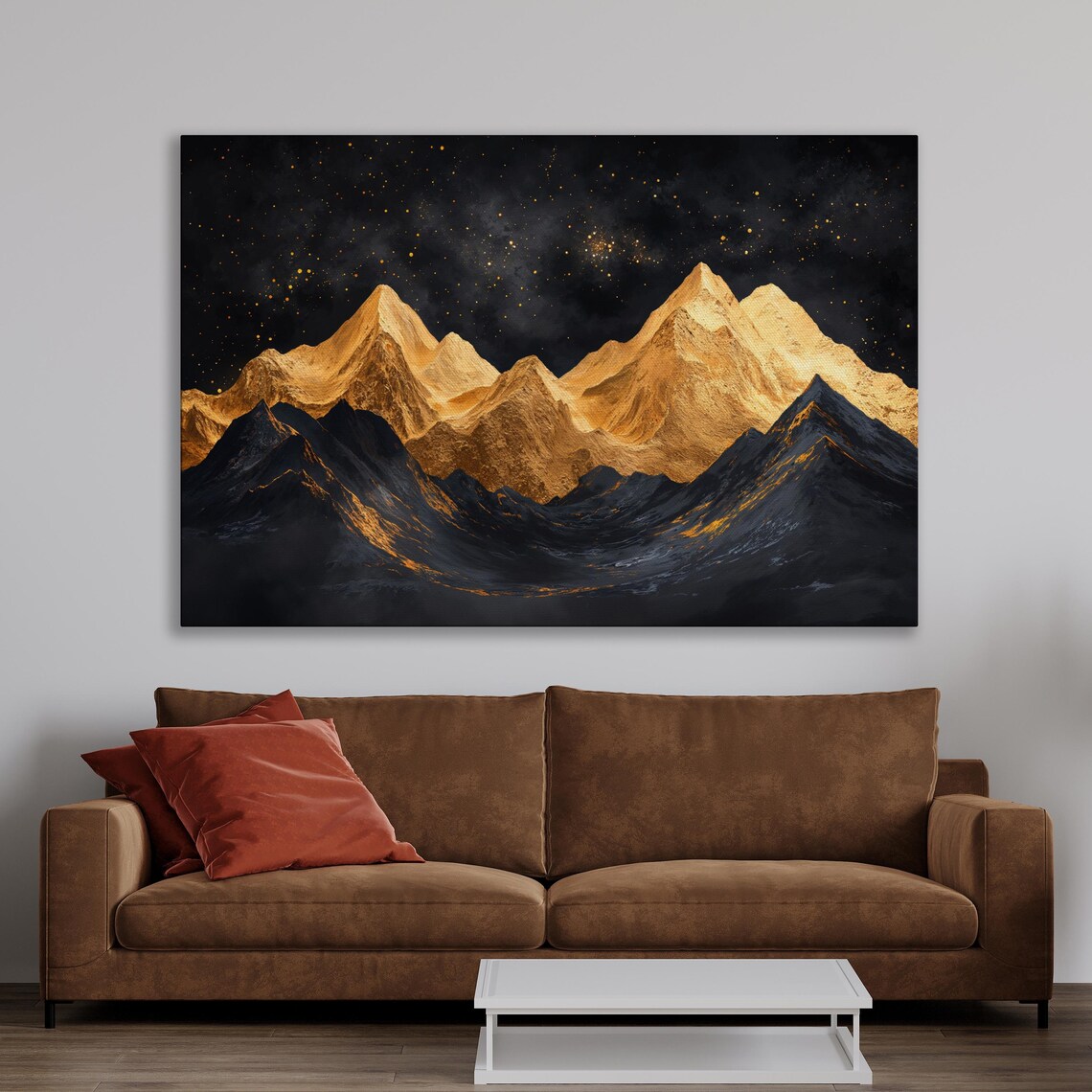 Golden Mountains Under Starry Sky Wall Art Abstract Landscape Painting Print Luxury Wall Decor Black And Gold Artwork Ready To Hang - Image 3