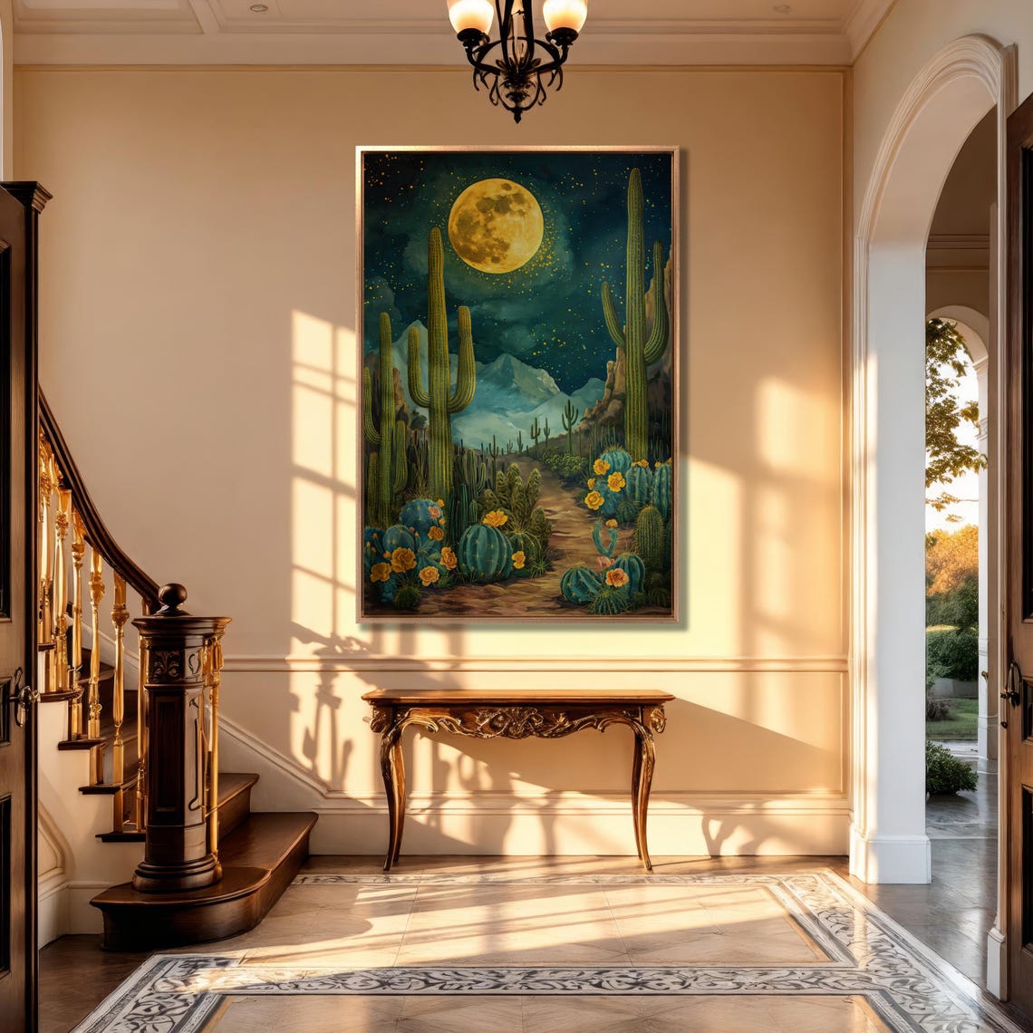 Enchanting Saguaro Cactus Desert Path Under a Full Moon Night Poster - Image 4