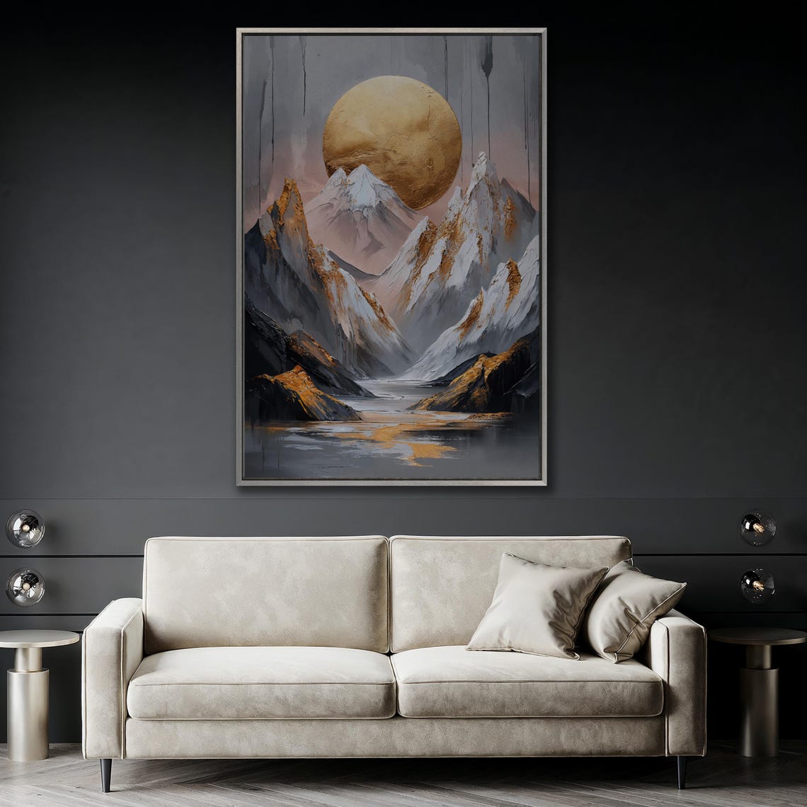 Golden Moon Over a Snowy Valley River and Mountain Peaks Poster - Image 4